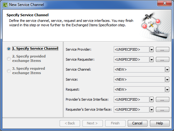 UPDM 2 Plugin 19.0 LTR SP4 > New Service Channel wizard > new_service_channel_wizard_step1.png (Specifying Service Channel in New Service Channel wizard) Specifying Service Channel in New Service Channel wizard