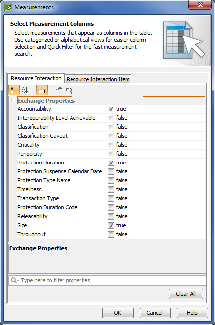 Measurements dialog