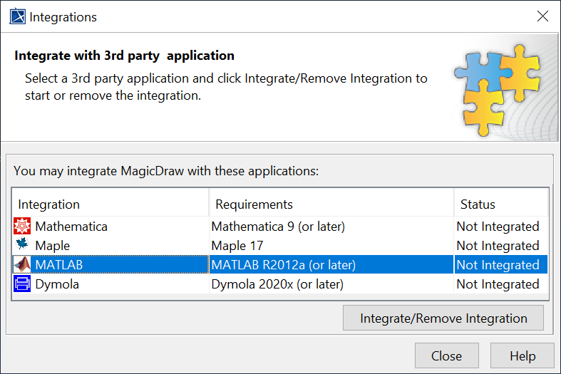 Cameo Simulation Toolkit 19.0 LTR SP4 > Integration with MATLAB > Integration Dialog.png