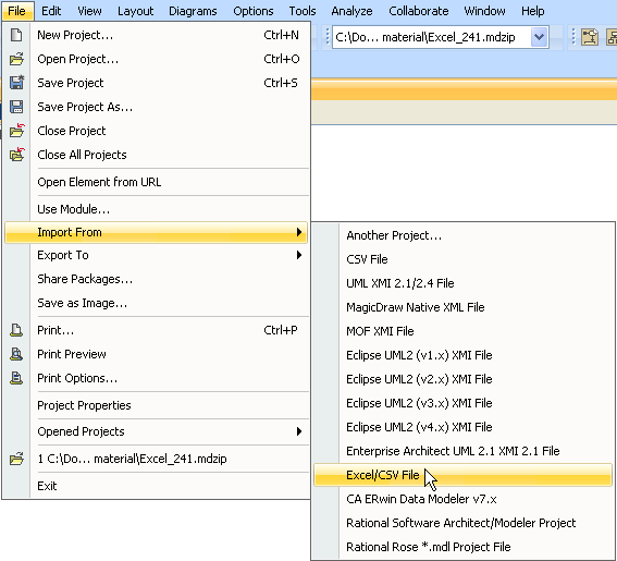 The Excel Import Menu in MagicDraw