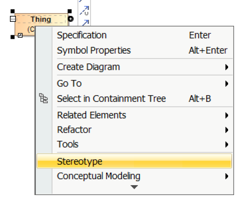 Class shortcut menu