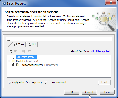 Selecting a Structural Feature in the Select Property Dialog