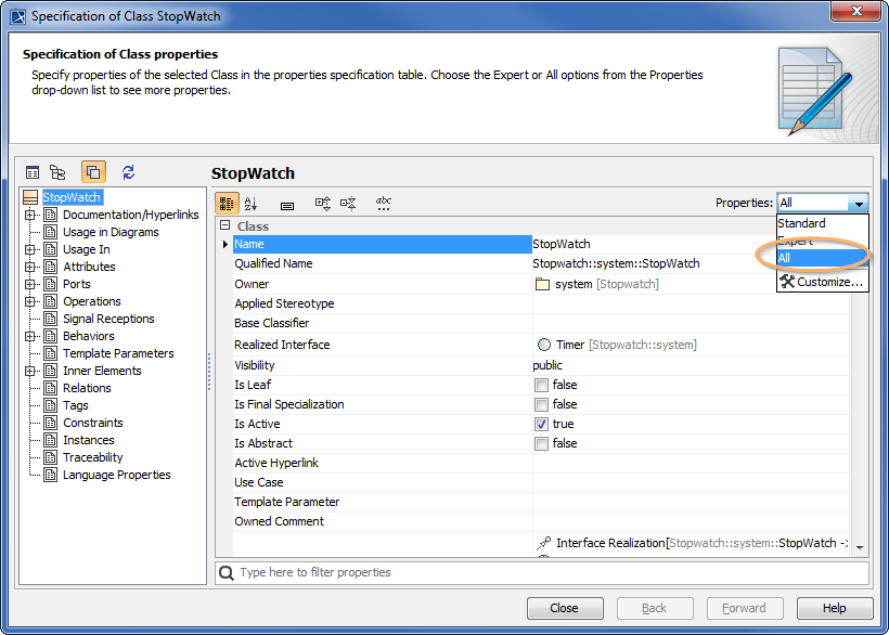 All Attributes in the Properties Drop-down Menu of StopWatch Class in the Specification Dialog