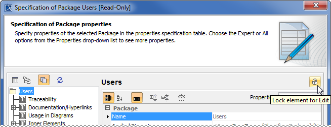 Locking command in the element's Specification window