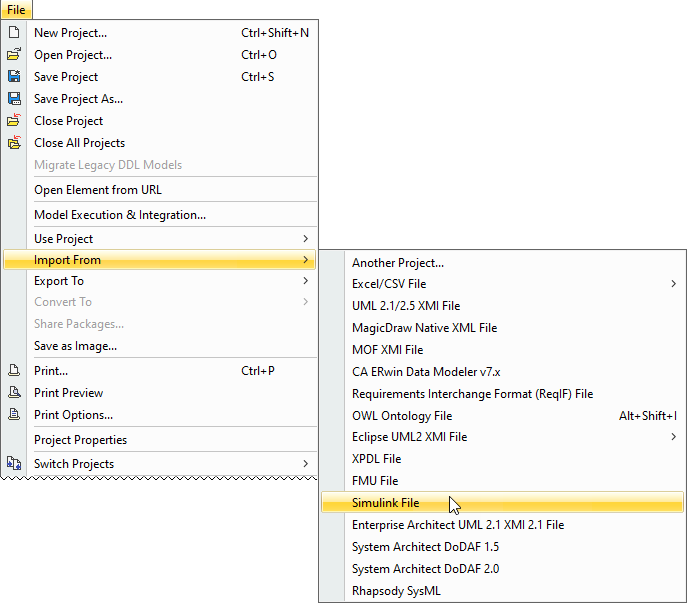 SysML Plugin 2021x Refresh1 > Simulink import > simulink_import_from_file_menu.png