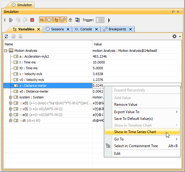 The Context Menu Showing the Runtime Value in Time Series Chart