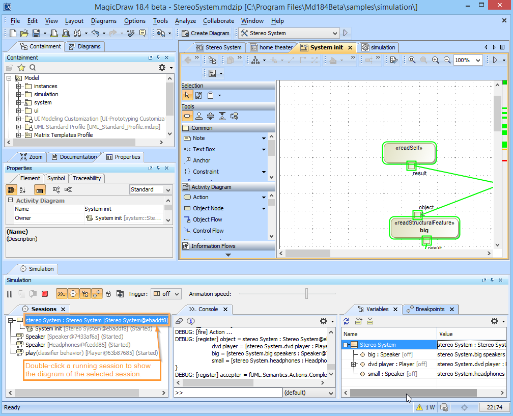 Double-Clicking a Running Session to Show the Diagram at Runtime