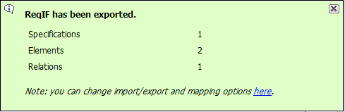 Notification message informing about exported requirements 