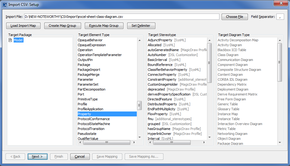 Importing Properties to a Diagram