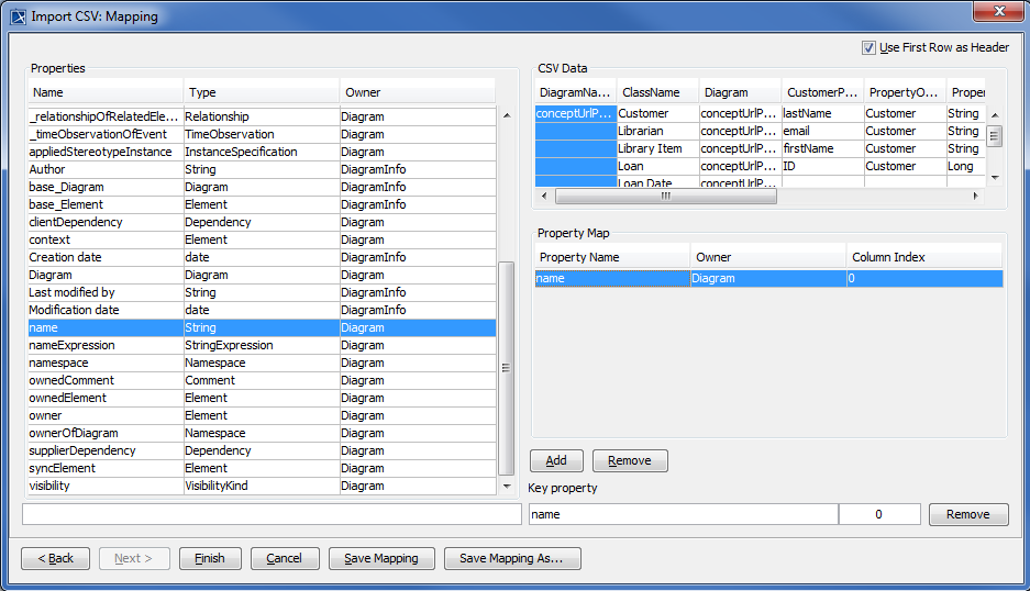 Mapping CSV Columns with Diagram Properties