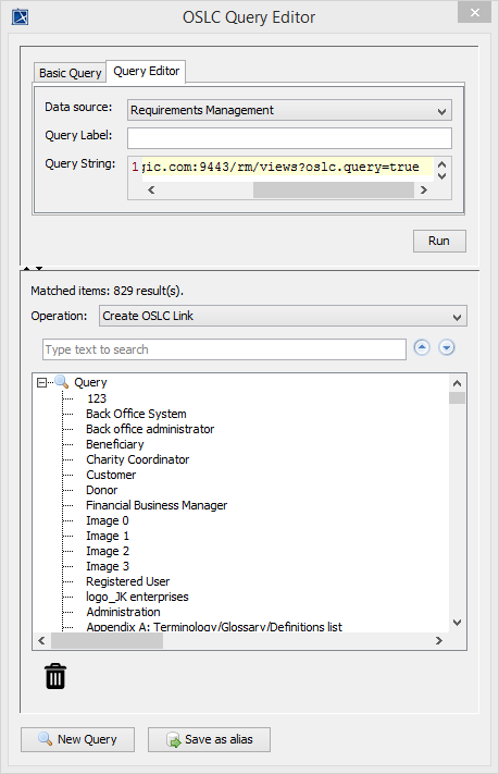 The OSLC advanced Query Editor tab