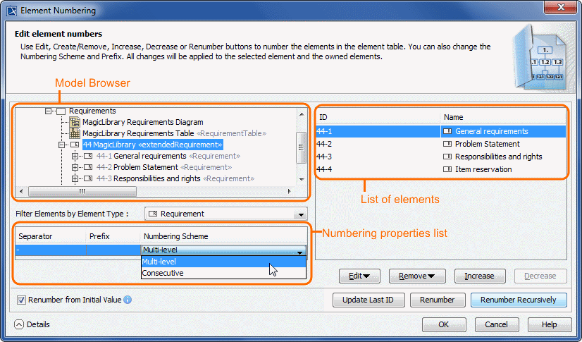 Element Numbering dialog