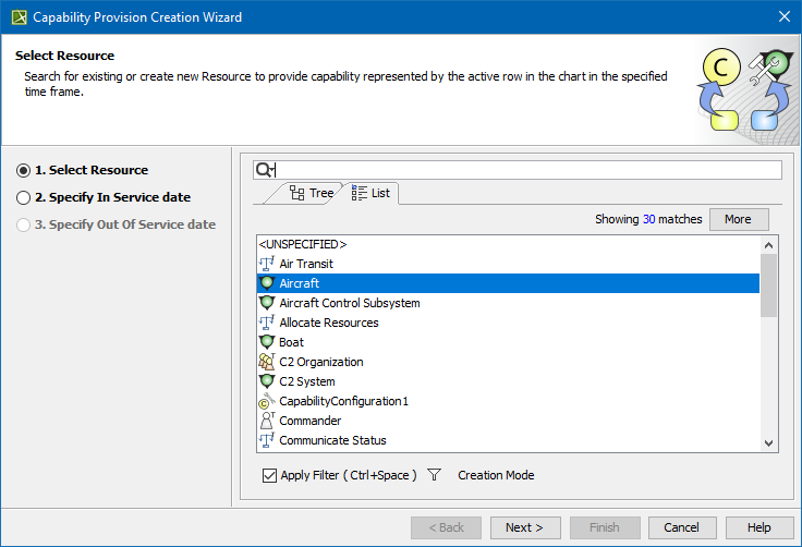 Selecting Actual Resources in Capability Provision Creation Wizard