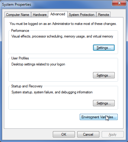 Setting Environment Variables in the Environment Variables Dialog