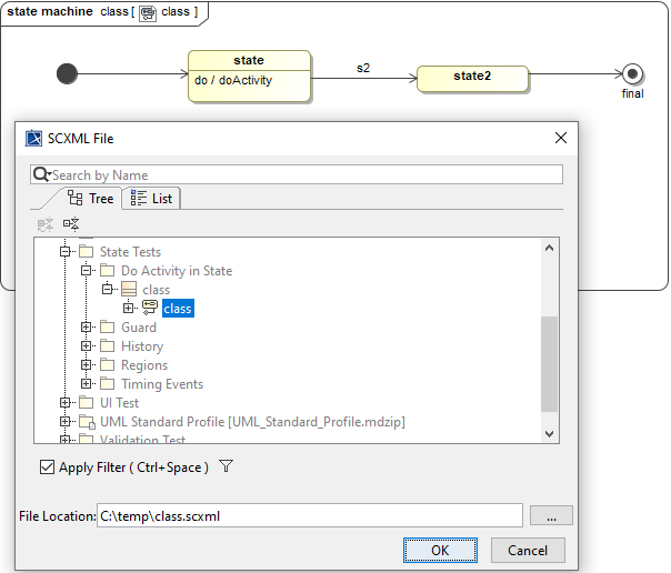 Cameo Simulation Toolkit 2021x Refresh2 > State Machine simulation > SCXML File Dialog.PNG