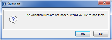 Cameo Simulation Toolkit 2021x Refresh2 > Validation and verification > question.png (A Dialog Prompting the Validation Rules) A Dialog Prompting the Validation Rules