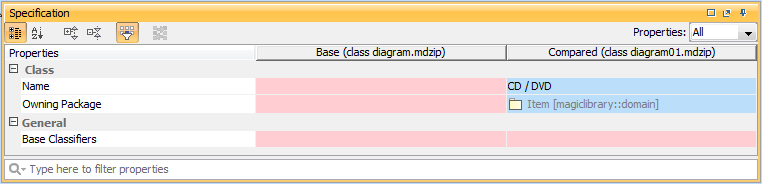 Displaying element property changes in Specification panel