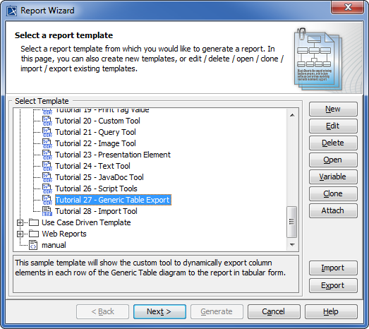 Generic Table Export dialog