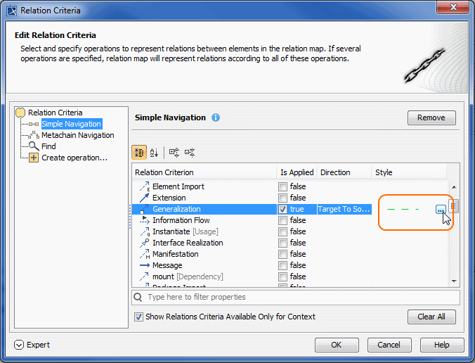 Relation Criteria Dialog