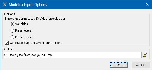 SysML Plugin 2022x > Modelica export > modelica_export_options_dialog.png
